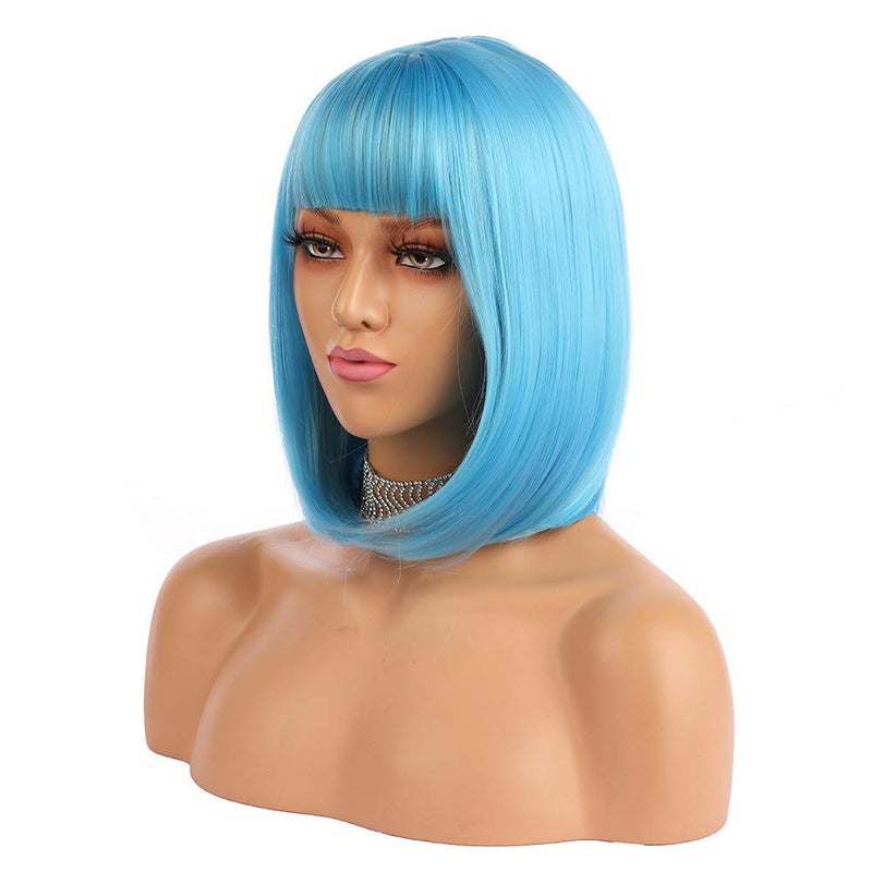 eNilecor Short Bob Hair Wigs 12" Straight with Flat Bangs Synthetic Colorful Cosplay Daily Party Wig for Women Natural As Real Hair+ Free Wig Cap (Blue) - Image 3